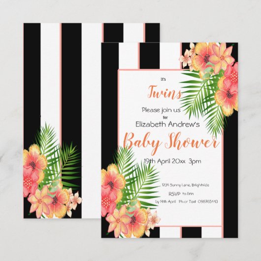 Twins Striped Floral Baby shower Invitation Kaart (Voorkant / Achterkant)