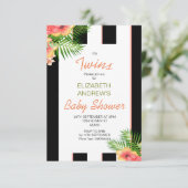 Twins Striped Tropical Coral Baby shower Kaart (Staand voorkant)