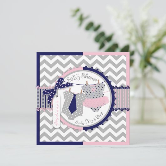 Twins Stropdas Tutu Chevron Baby shower Kaart (Staand voorkant)