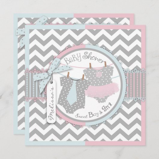 Twins Stropdas Tutu Chevron Baby shower Kaart (Voorkant / Achterkant)