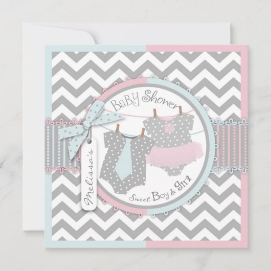 Twins Stropdas Tutu Chevron Baby shower Kaart (Voorkant)