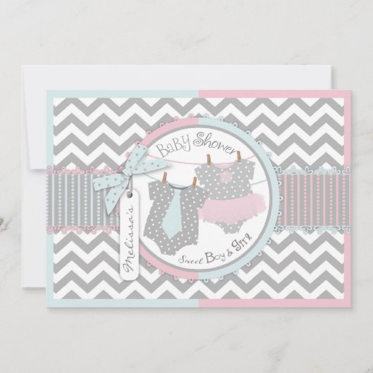 Twins Stropdas Tutu Chevron Baby shower Kaart (Voorkant)