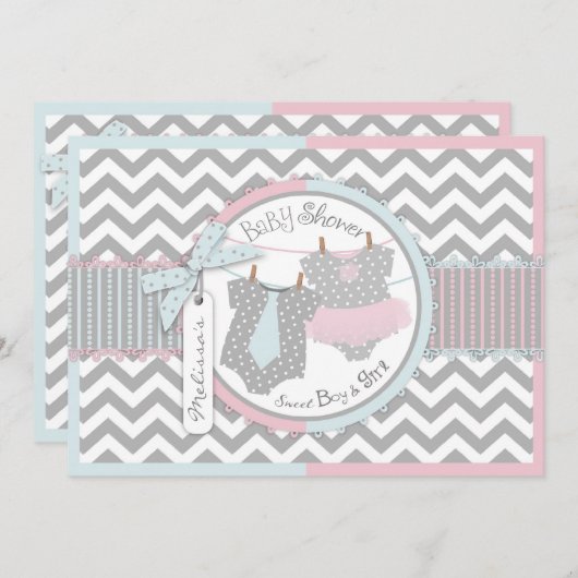 Twins Stropdas Tutu Chevron Baby shower Kaart (Voorkant / Achterkant)