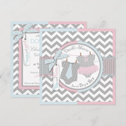 Twins Stropdas Tutu Chevron Baby shower Kaart (Voorkant / Achterkant)