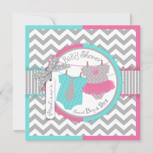 Twins Stropdas Tutu Chevron Baby shower Kaart (Voorkant)