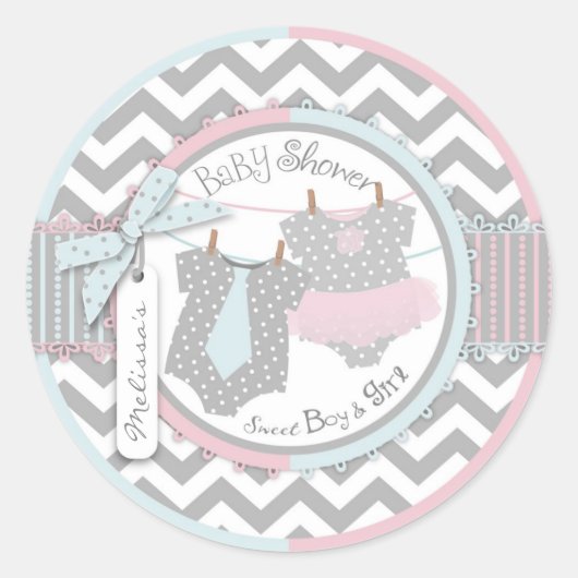 Twins Stropdas Tutu Chevron Baby shower Ronde Sticker (Voorkant)