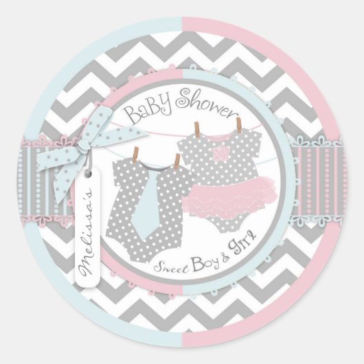 Twins Stropdas Tutu Chevron Print Baby shower Ronde Sticker (Voorkant)