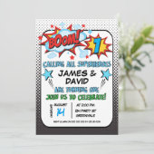 Twins Superheld 1e verjaardag Uitnodiging (Staand voorkant)