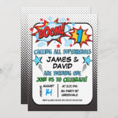 Twins Superheld 1e verjaardag Uitnodiging (Voorkant / Achterkant)