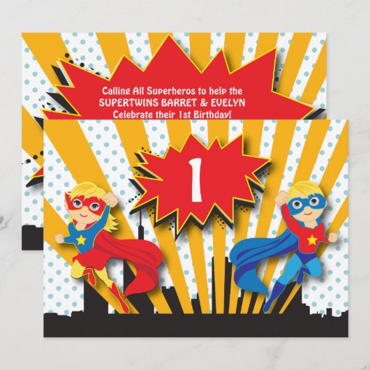 Twins Superheld Birthday  | Blonde Kaart (Voorkant / Achterkant)