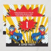 Twins Superheld Birthday  | Boys Brown Hair Kaart (Voorkant / Achterkant)