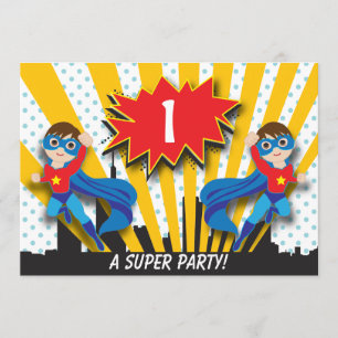 Twins Superheld Birthday Boys Brown Hair Kaart