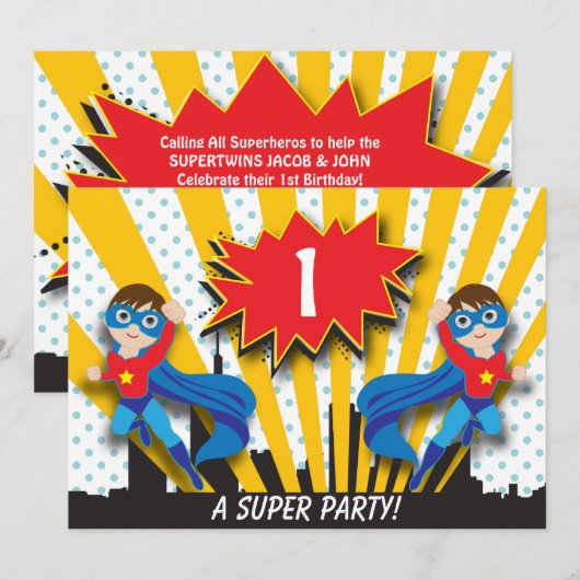 Twins Superheld Birthday | Boys Brown Hair Kaart (Voorkant / Achterkant)