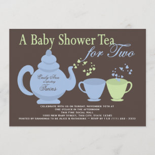 Twins Tea Party Blue Green Baby shower Kaart