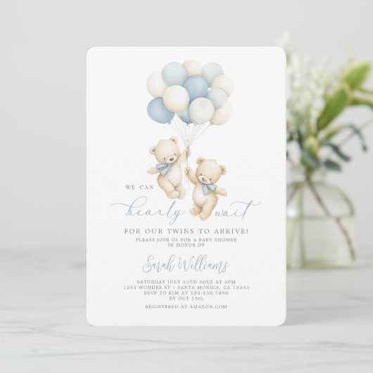 Twins Teddy Bear Baby shower Jongensuitnodiging Kaart (Staand voorkant)
