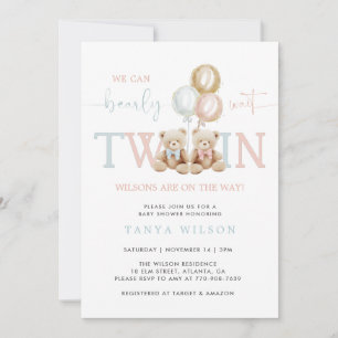 Twins Teddy Bear Barly Wait Baby shower Kaart
