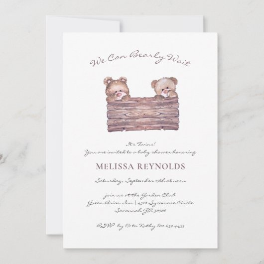 Twins | Teddy Bear "Barly Wait" Baby shower Kaart (Voorkant)