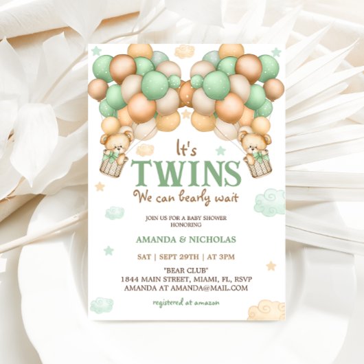 Twins Teddy Bear Groen Baby shower Kaart