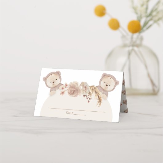 Twins Teddy Bear Party Table Number Name Plaatskaartje (Voorkant)