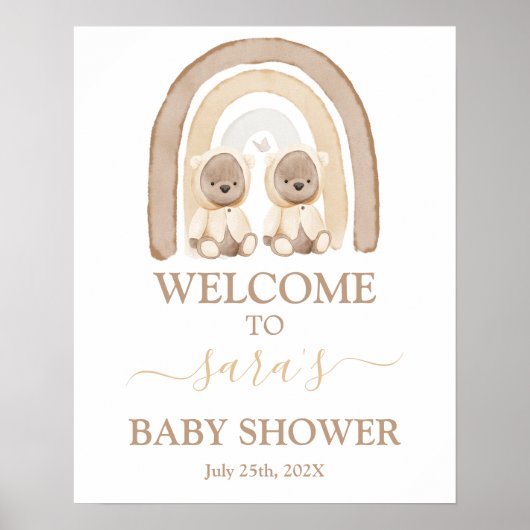 Twins Teddy Bear Rainbow Baby shower Welkomstbord Poster (Voorkant)