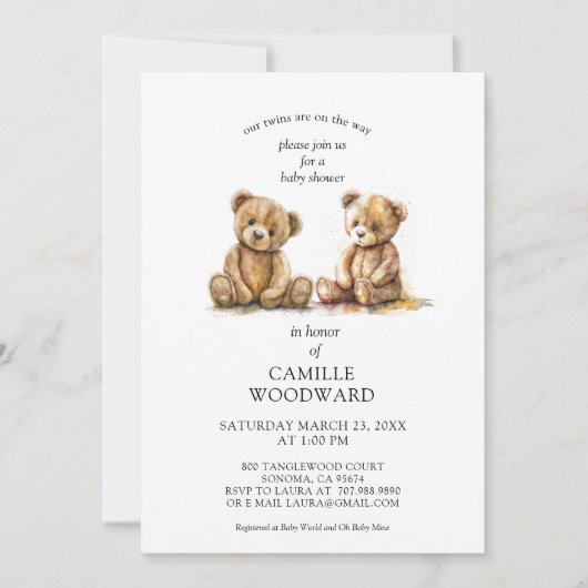 Twins Teddy Bears Baby shower Invitation Kaart (Voorkant)