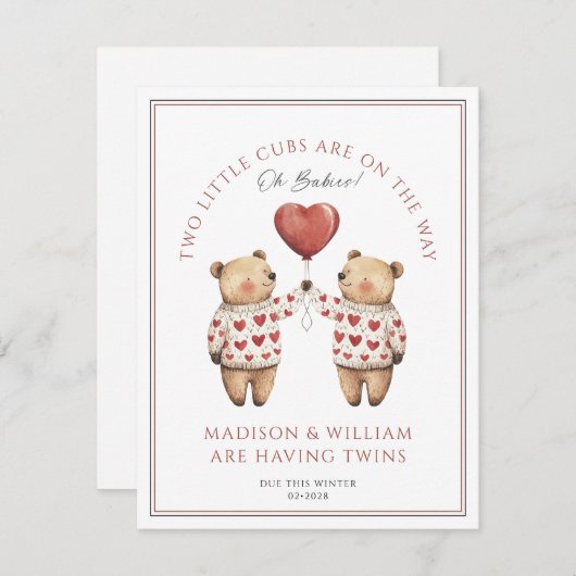 Twins Teddy Bears Winter Zwangerschap Aankondiging (Voorkant / Achterkant)