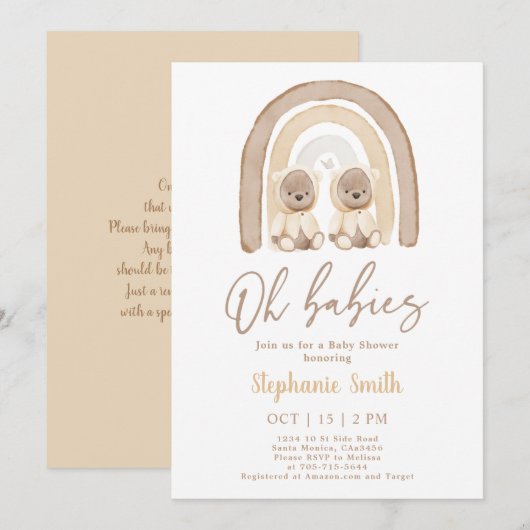 Twins Teddy beer Rainbow Baby shower Invitation Kaart (Voorkant / Achterkant)