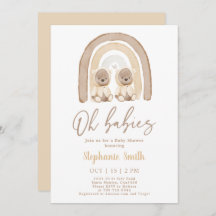 Twins Teddy beer Rainbow Baby shower Invitation