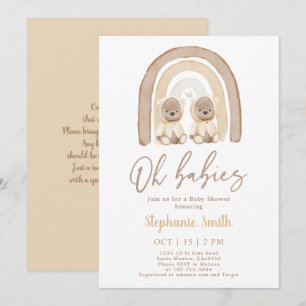 Twins Teddy beer Rainbow Baby shower Invitation Kaart