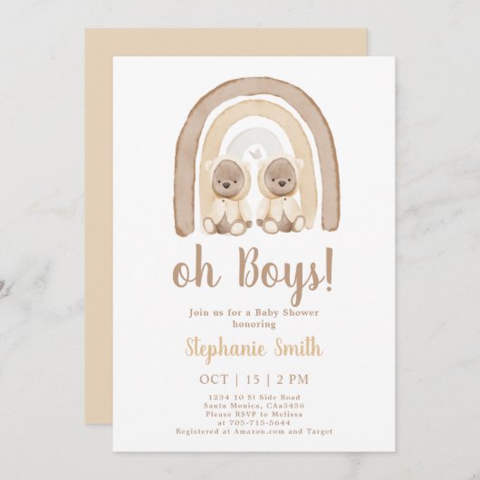 Twins Teddy beer Rainbow Baby shower Invitation Kaart (Voorkant / Achterkant)
