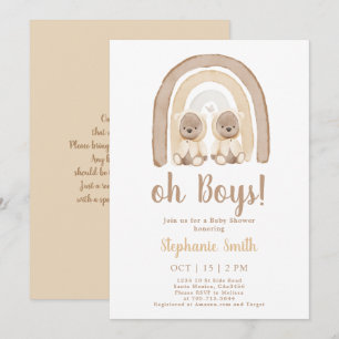 Twins Teddy beer Rainbow Baby shower Invitation Kaart