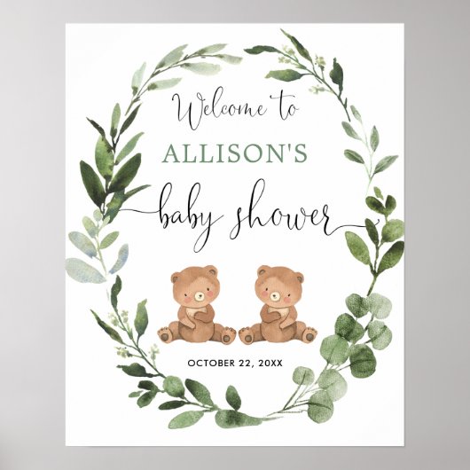 Twins teddybeer baby shower welkomstbord poster (Voorkant)