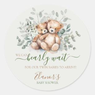Twins Teddybeer Greenery Boho Neutraal Baby shower Ronde Sticker