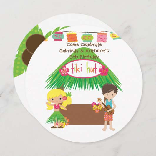 Twins Tiki Hut Round Luau Birthday Uitnodiging (Voorkant / Achterkant)