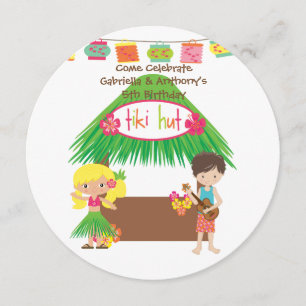 Twins Tiki Hut Round Luau Birthday Uitnodiging