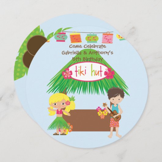 Twins Tiki Hut Round Luau Verjaardag Uitnodiging (Voorkant / Achterkant)