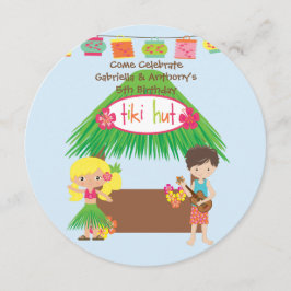 Twins Tiki Hut Round Luau Verjaardag Uitnodiging
