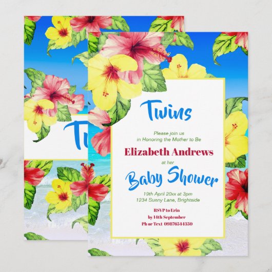 Twins Tropical Flower Beach Floral Baby shower Kaart (Voorkant / Achterkant)