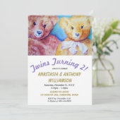 TWINS TURNING 2 met TEDDY BEARS FEESTUITNODIGING Kaart (Staand voorkant)