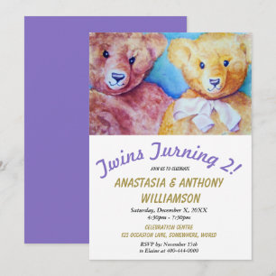TWINS TURNING 2 met TEDDY BEARS FEESTUITNODIGING Kaart