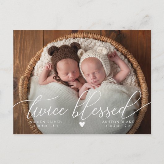 TWINS Twice Blessed Baby Foto geboorteaankondiging Aankondigingskaart (Voorkant)