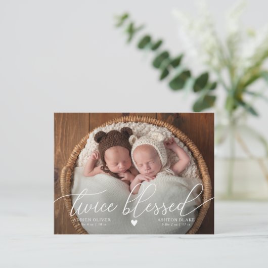 TWINS Twice Blessed Baby Foto geboorteaankondiging Aankondigingskaart (Staand voorkant)