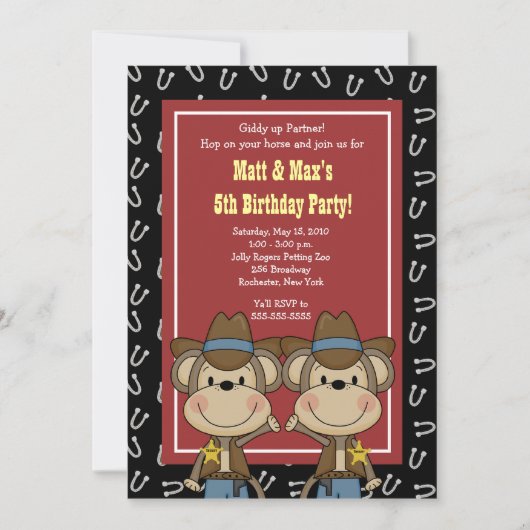 TWINS Twin Boys Western Cowboy Monkey 5x7 Birthday Kaart (Voorkant)