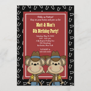 TWINS Twin Boys Western Cowboy Monkey 5x7 Birthday Kaart