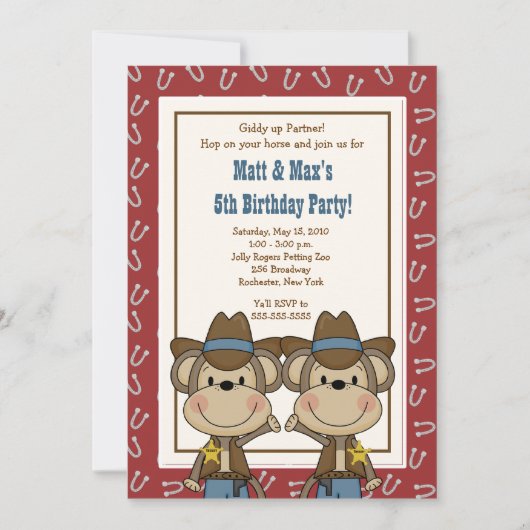 TWINS Twin Boys Western Cowboy Monkey 5x7 Birthday Kaart (Voorkant)