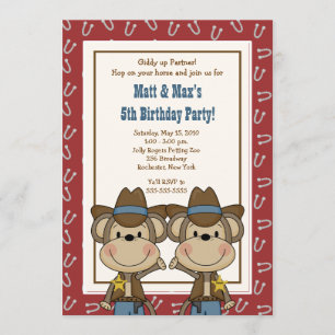 TWINS Twin Boys Western Cowboy Monkey 5x7 Birthday Kaart