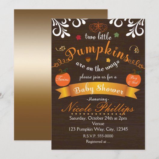 Twins Two PUMPKINS Herfst BABY SHOWER Uitnodiging (Voorkant / Achterkant)
