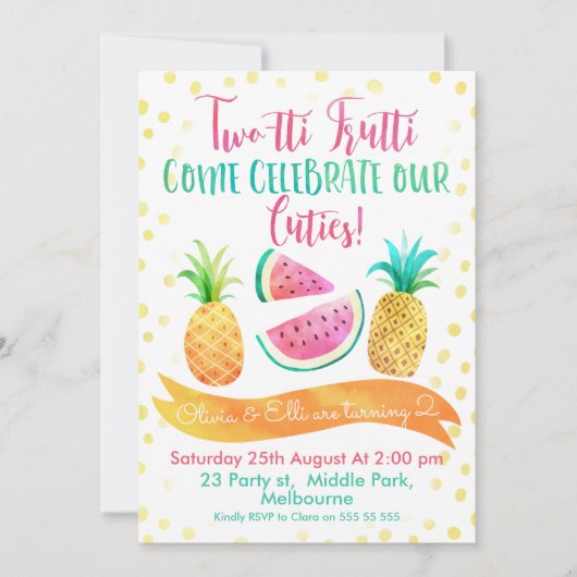 Twins Two-tti Frutti 2nd Birthday Invitation Kaart (Voorkant)