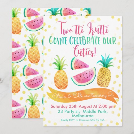 Twins Two-tti Frutti 2nd Birthday Invitation Kaart (Voorkant / Achterkant)