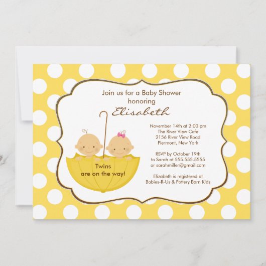 Twins Umbrella Baby shower Invitation Yellow Kaart (Voorkant)